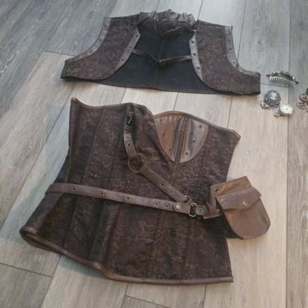 Brocade Steampunk Bustiers Corset with Jacket and Belt brown petticoat skirt - Picture 6 of 16